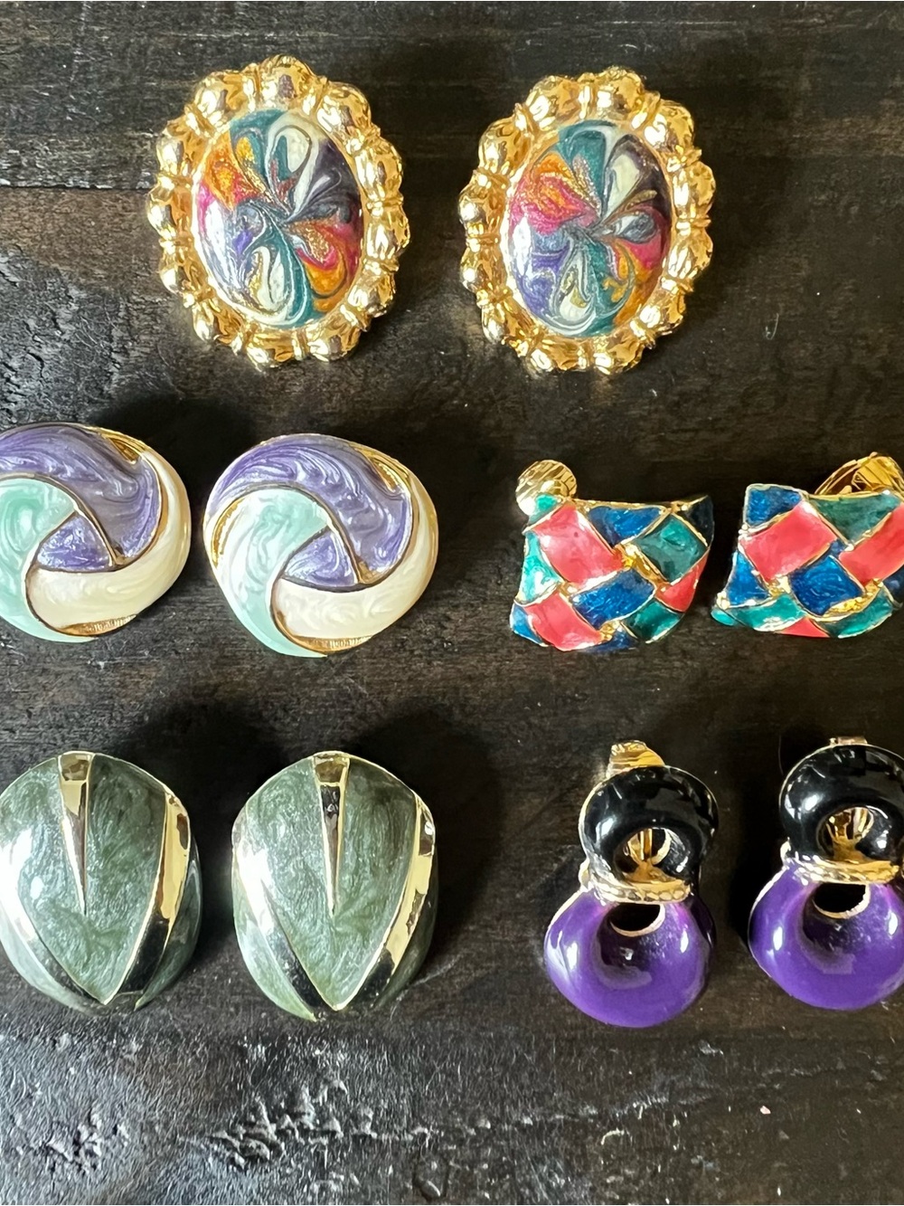 Vintage 80s Enamel Clip On Earrings Bundle Geometric Psychedelic Jewel Tone